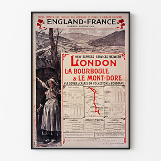 Vintage poster South Eastern, England-France, getoond in een smal lijstje tegen een lichte muur.