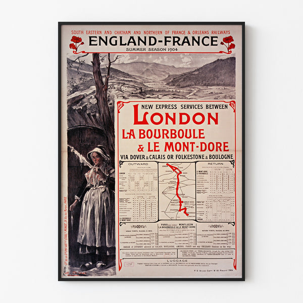 Vintage poster South Eastern, England-France, getoond in een smal lijstje tegen een lichte muur.