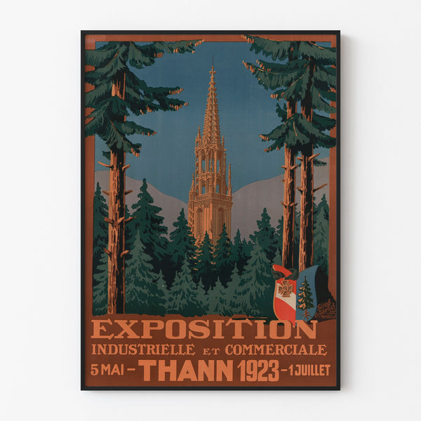 Vintage poster Thann, industriële expositie, gepresenteerd in een smal lijstje aan een lichte muur.