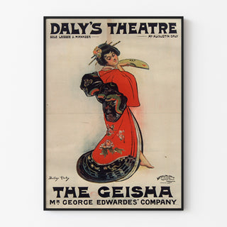 Vintageposter The Geisha, Daly’s Theatre, in een slank kader aan een lichte muur.