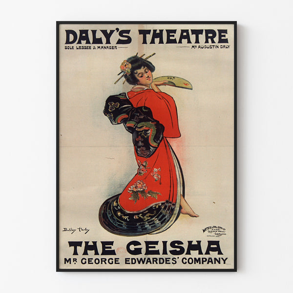 Vintageposter The Geisha, Daly’s Theatre, in een slank kader aan een lichte muur.
