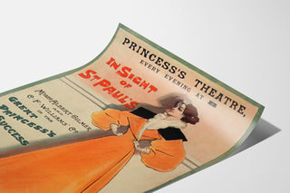 Vintageposter The Panther, Princess’s Theatre, gepresenteerd op een gebogen vel papier, perspectiefaanzicht.