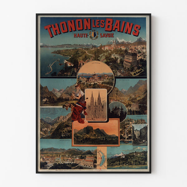 Vintage Thonon-les-Bains poster, displayed in a thin frame on a light wall.