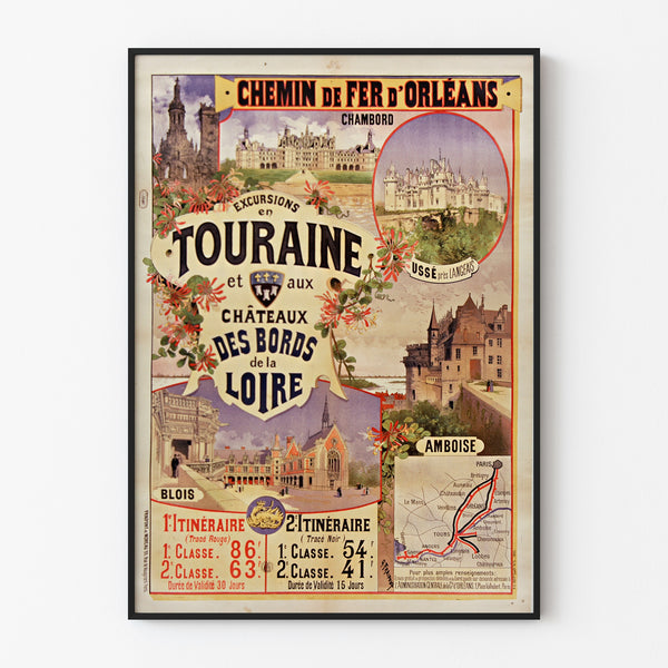 Vintage poster Touraine, kastelen van de Loire, gepresenteerd in een smal lijstje aan een lichte muur.