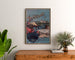 Vintage poster Touraine et Berry, kastelen, ingelijst boven een houten ladekast, tussen planten.