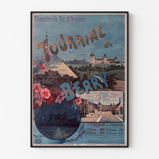 Vintage poster Touraine en Berry, kastelen, gepresenteerd in een smal lijstje aan een lichte muur.