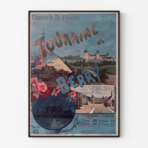 Vintage poster Touraine en Berry, kastelen, gepresenteerd in een smal lijstje aan een lichte muur.