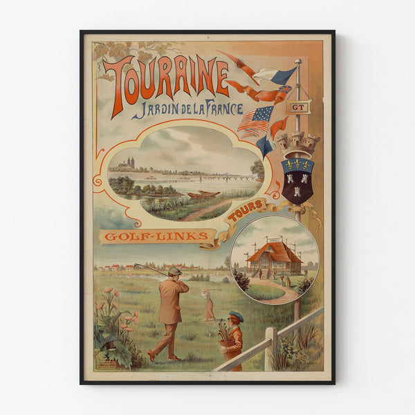 Vintage poster Touraine, tuin van Frankrijk, gepresenteerd in een smal lijstje aan een lichte muur.