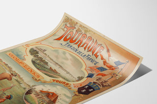 Vintage poster Touraine, tuin van Frankrijk, gepresenteerd op een gebogen blad, perspectivisch uitzicht.