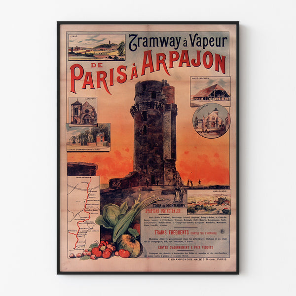 Vintage poster Tramway Paris–Arpajon, in een slank kader aan een lichte muur.
