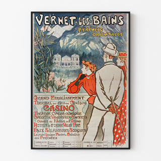 Vintage Vernet-les-Bains Canigou poster, displayed in a slim frame on a light wall.