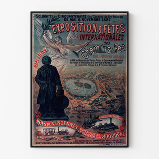 Vintage poster Vincennes, vijftigjarig spoorjubileum, in een slank kader aan een lichte muur.