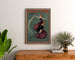 Vintage poster Woman and Wine, Princess’s Theatre, framed above a wooden dresser, flanked by plants.