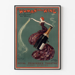 Vintage poster Woman and Wine, Princess’s Theatre, displayed in a slim frame on a light wall.