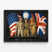 Vintage poster van Amerikaanse, Chinese en Britse soldaten met vlaggen — ingelijst kunstwerk aan de muur
