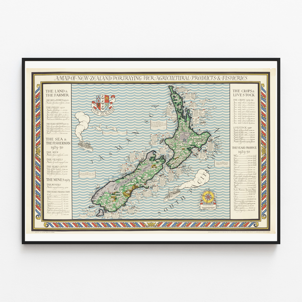 Antique map of New Zealand – MacDonald Gill, 1931, shown in a slim frame on a light wall.
