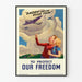 Vintage patriottische poster 'Daddy Helps Build Them' ter bescherming van de vrijheid