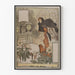 Decoratieve winterposter met vrouw in jas in een besneeuwd tuin