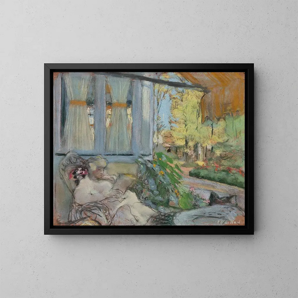 Madame Hessel lezend op het terras van Clos Cézanne - Édouard Vuillard — ingelijst kunstwerk aan de muur