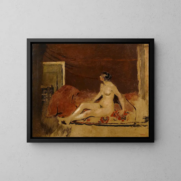 Nu op een rode bloemenmotief deken - Édouard Vuillard — ingelijst kunstwerk aan de muur