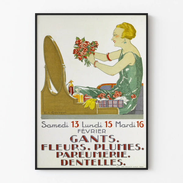 Vintage poster wanddecoratie Handschoenen, Bloemen, Veertjes, Parfumerie, Kant