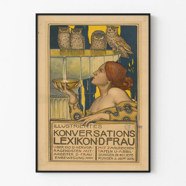Vintage artistieke poster met vrouw en uilen voor muurdecoratie