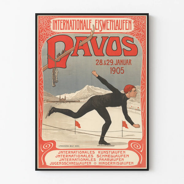 Vintage poster van internationale kunstschaatswedstrijd Davos 1905