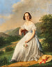 van een elegante dame met een Florentijnse hoed in een landschap - Lise Bruyère — weergave van het kunstwerk