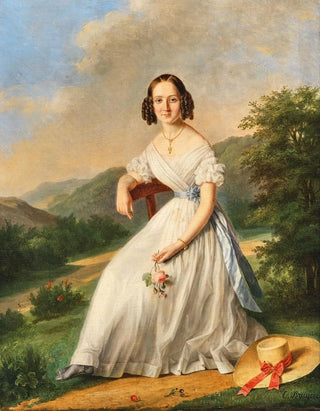 lise Bruyre - An elegant lady with Florentine hat in a landscape.webp