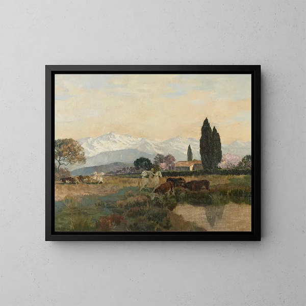 Antique Cavaliers in a Mountainous Landscape - Émile-René Ménard — framed artwork on a wall