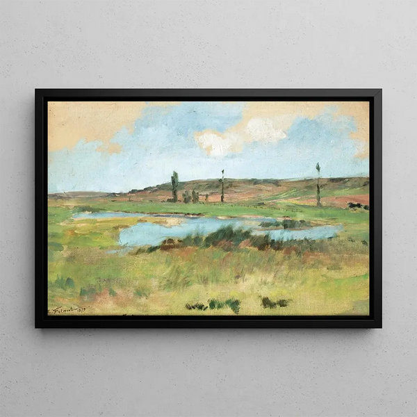 Landscape Painting with a Pond - Émile Friant — framed artwork on a wall