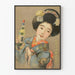 Decoratieve poster van een vrouw in een blauwe kimono met een sakéfles