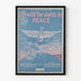 Vintage poster voor wereldvrede met duif en opkomende zon