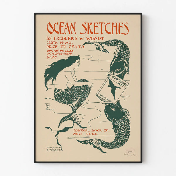 Vintage poster Ocean Sketches - Illustratie zeemeermin en vissen