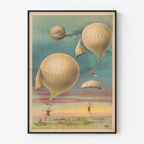 Vintage poster parachutespringen vanuit ballon