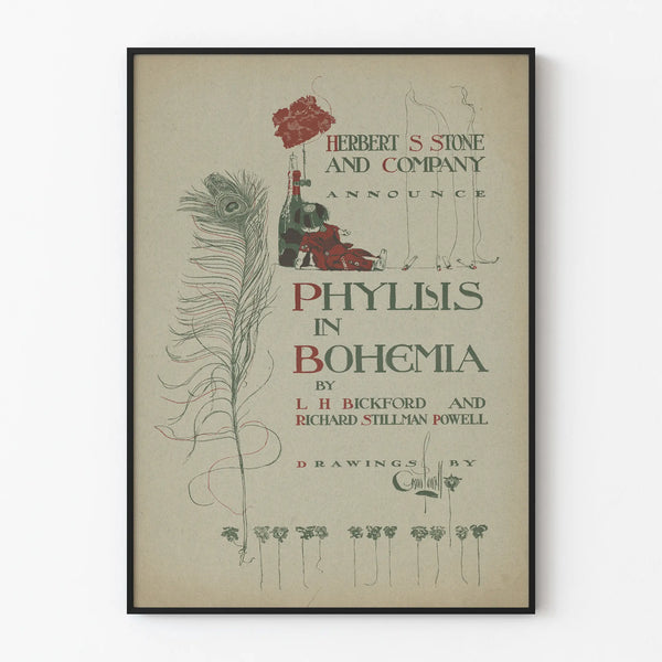 Vintage poster Phyllis in Bohemia met pauwenveer en marionet
