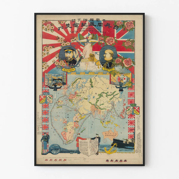 Antieke allegorische wereldkaartposter Japan-UK zeemachtalliantie