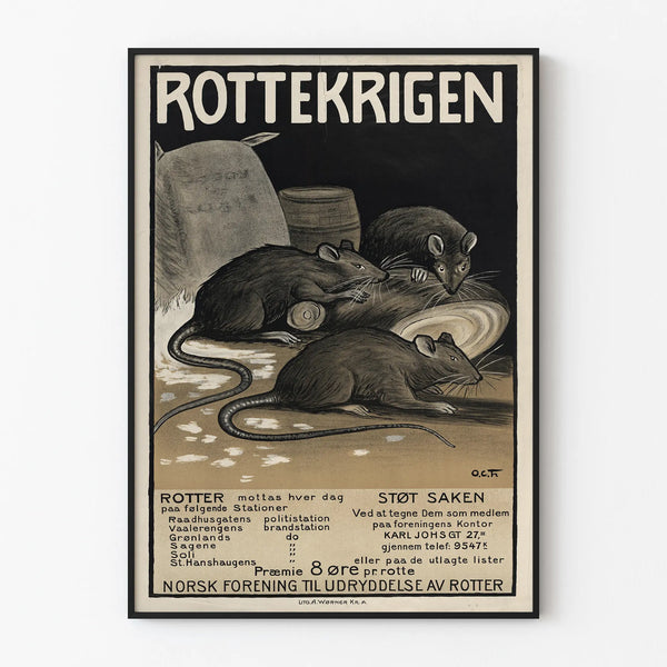 Vintage Noorse poster Rottekrigen - Originele muurschildering met ratten