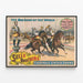 Vintage poster of mounted combat with medieval knights Sells Brothers — framed artwork on a wall