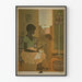 Decoratief poster met lachende moeder, kind en speelgoedgeweer