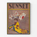 Vintage Zonsondergang Poster - Jong meisje in kimono met Japanse vlaggen