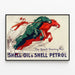 Vintage Shell Oil & Shell Petrol poster with mechanical horses — framed artwork on a wall