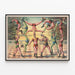 Vintage poster of male acrobats balancing — framed artwork on a wall