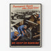 Vintage poster van militair transport en onderhoud van vrachtwagens