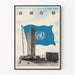 Poster Verenigde Naties bureau met blauwe vlag en tekst in Aziatische karakters