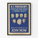 Vintage poster over de betrokkenheid van Amerikaanse presidenten bij een wereldgerecht