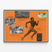 Vintage American poster in Arabic with athlete and educational scenes — framed artwork on a wall