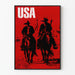 Decoratief poster met zwarte silhouet van Amerikaanse cowboys op een rode achtergrond